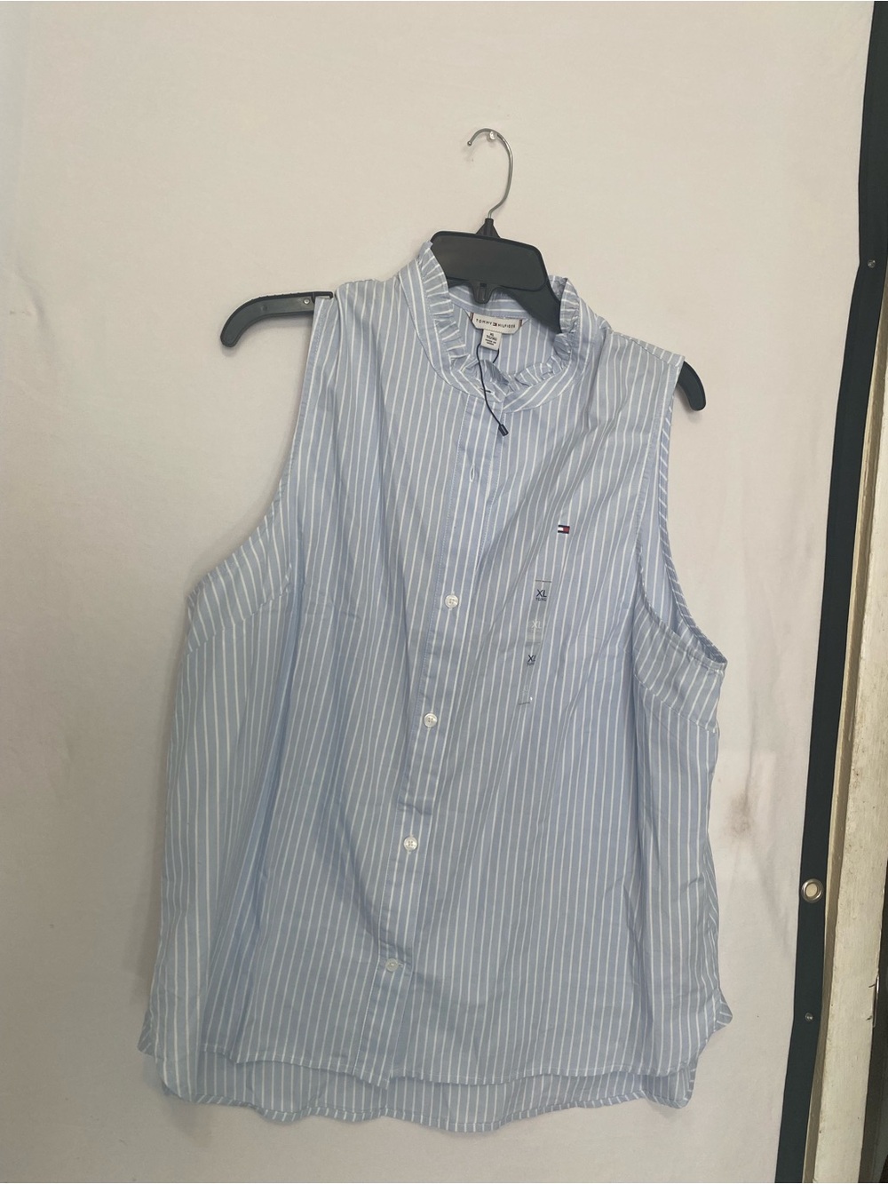 Tommy Hilfiger Light Blue and White Striped Sleeveless Button-Down Shirt